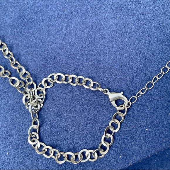 Silver colored necklace with large aqua colored stone, letter S & silver tassel - Picture 8 of 8